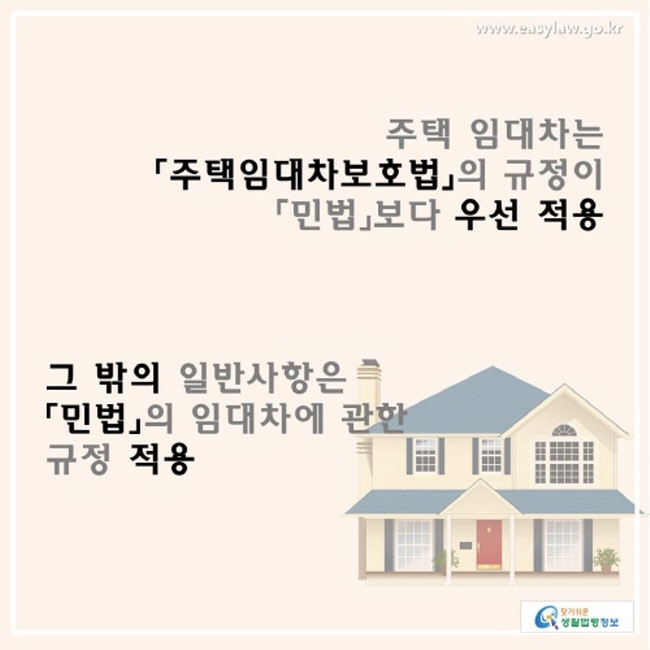 주택 임대차는 「주택임대차보호법」의 규정이 「민법」보다 우선 적용되고 그 밖의 일반사항은 「민법」의 임대차에 관한 규정이 적용됩니다.